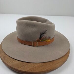 Outback Trading Co Mens Taupe Leather Band Feather Accent Fedora Hat Size L/XL‎